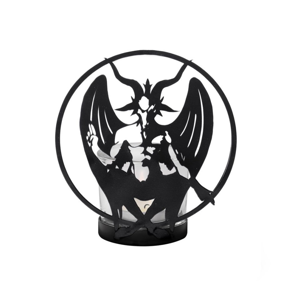 Alchemy Gothic Baphomet Tealight Holder – Black Iron & Glass Decor