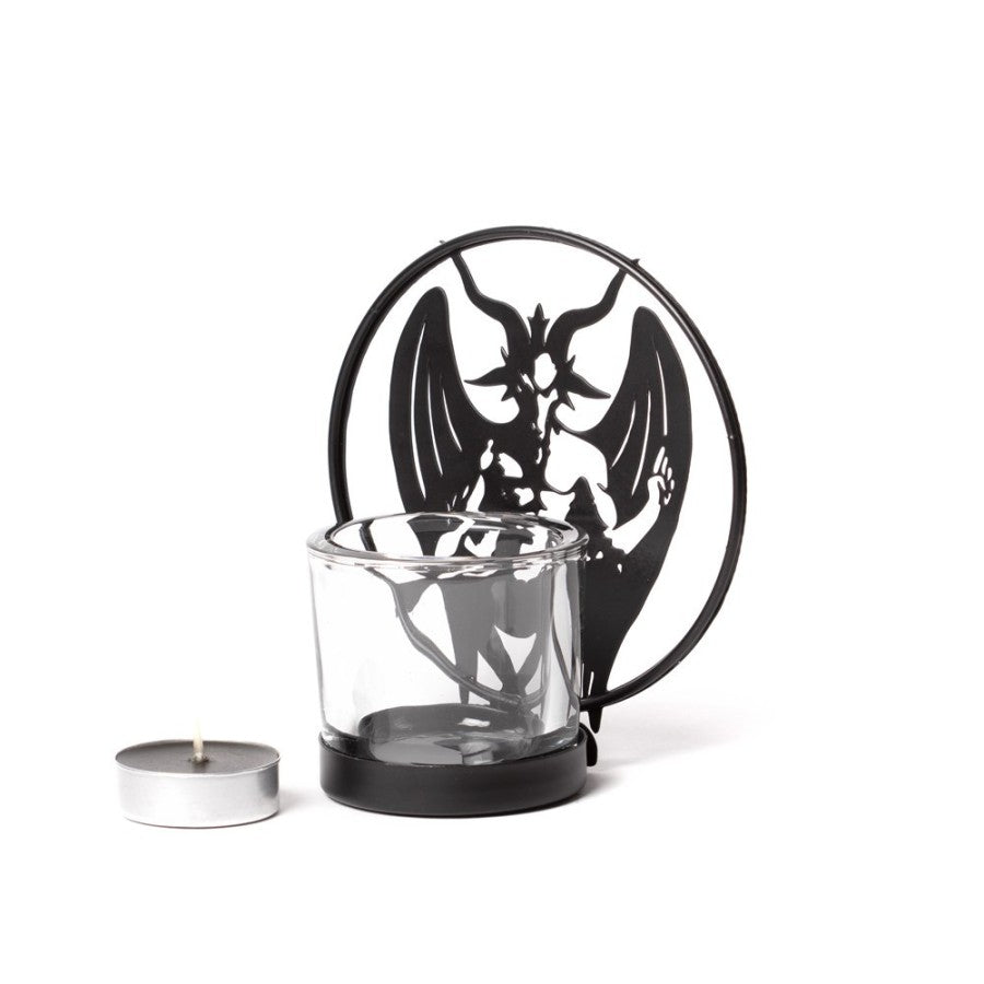 Alchemy Gothic Baphomet Tealight Holder – Black Iron & Glass Decor