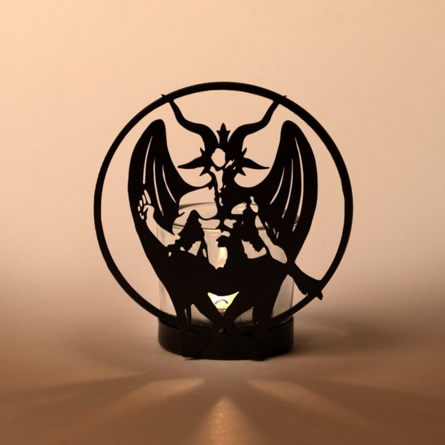 Alchemy Gothic Baphomet Tealight Holder – Black Iron & Glass Decor