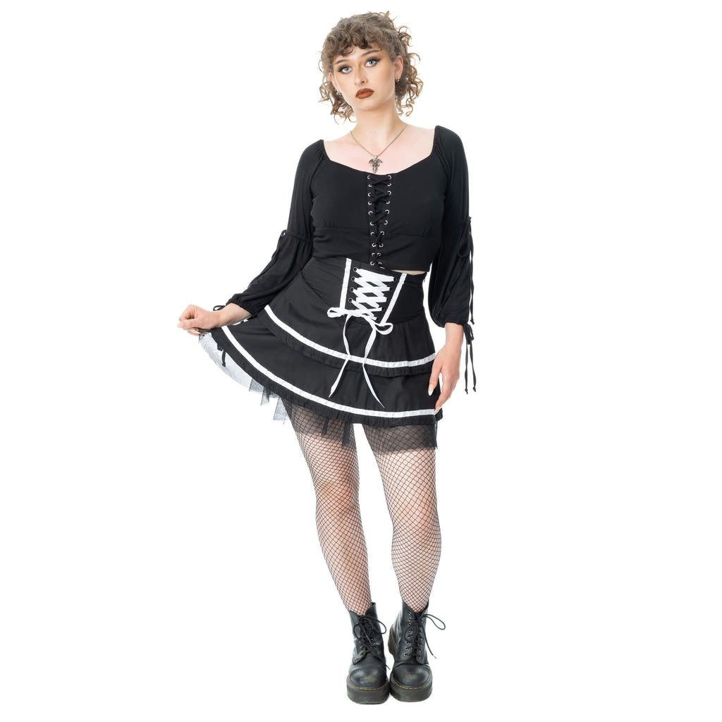 Poizen Industries Phantom Waltz Gothic Skirt – Black/White Mesh