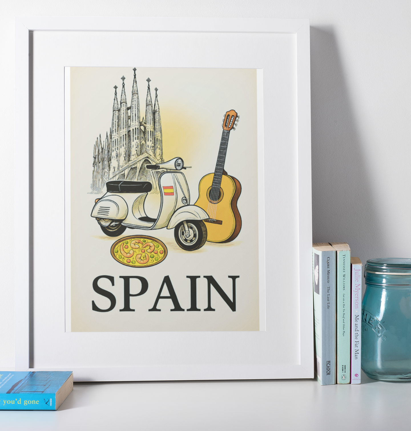 Vintage Spain Travel Poster – Guitar & Paella Wall Art – Spanish Home Decor