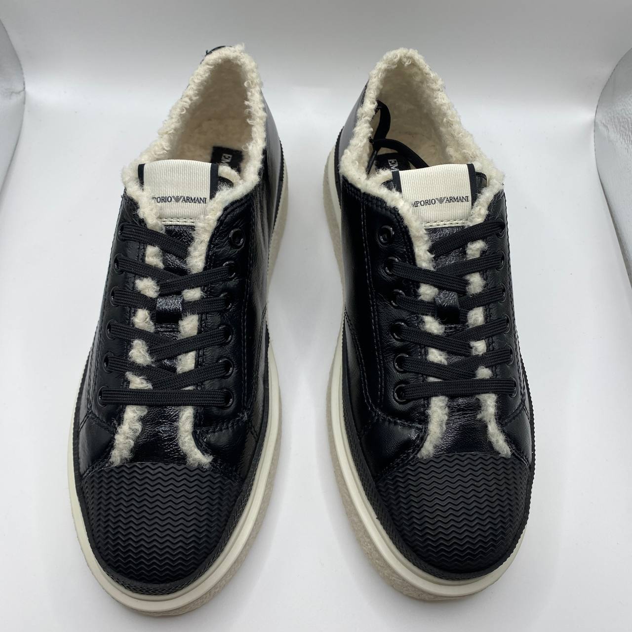 Armani Women's Black Leather Faux Fur Sneakers - UK 5 | EU 38