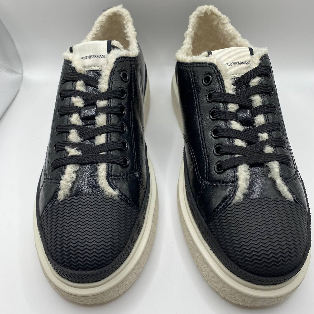 Armani Women's Black Leather Faux Fur Sneakers - UK 5 | EU 38