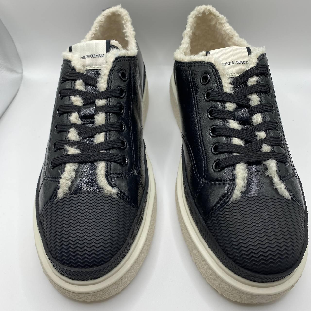 Armani Women's Black Leather Faux Fur Sneakers - UK 5 | EU 38