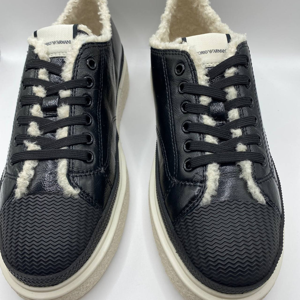 Armani Women's Black Leather Faux Fur Sneakers - UK 5 | EU 38