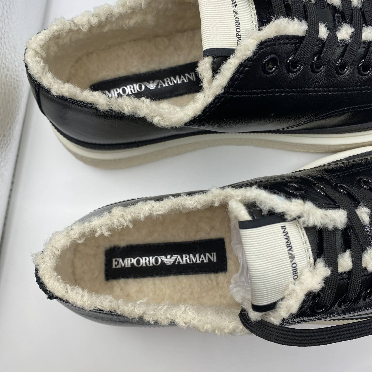 Armani Women's Black Leather Faux Fur Sneakers - UK 5 | EU 38