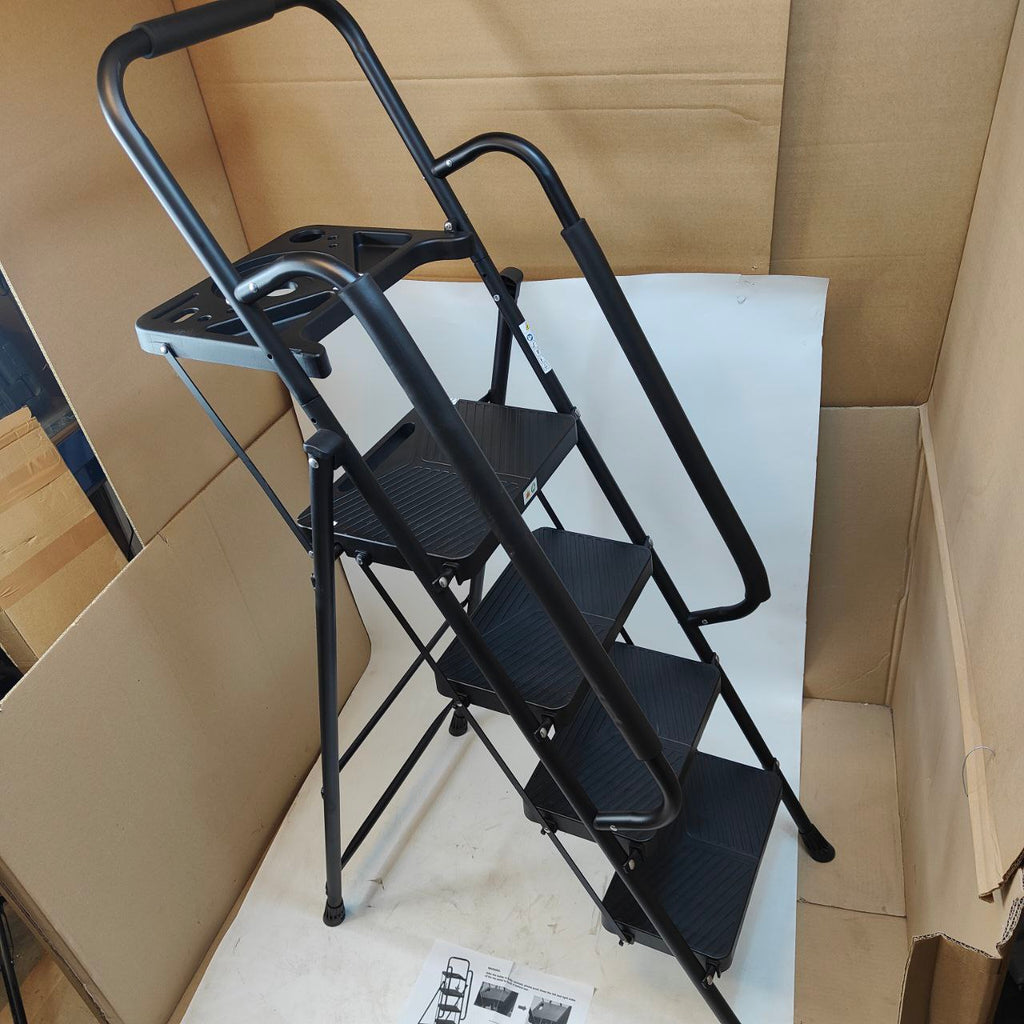EPROSMIN 4-Step Folding Ladder with Handrails and Tool Tray – Steel