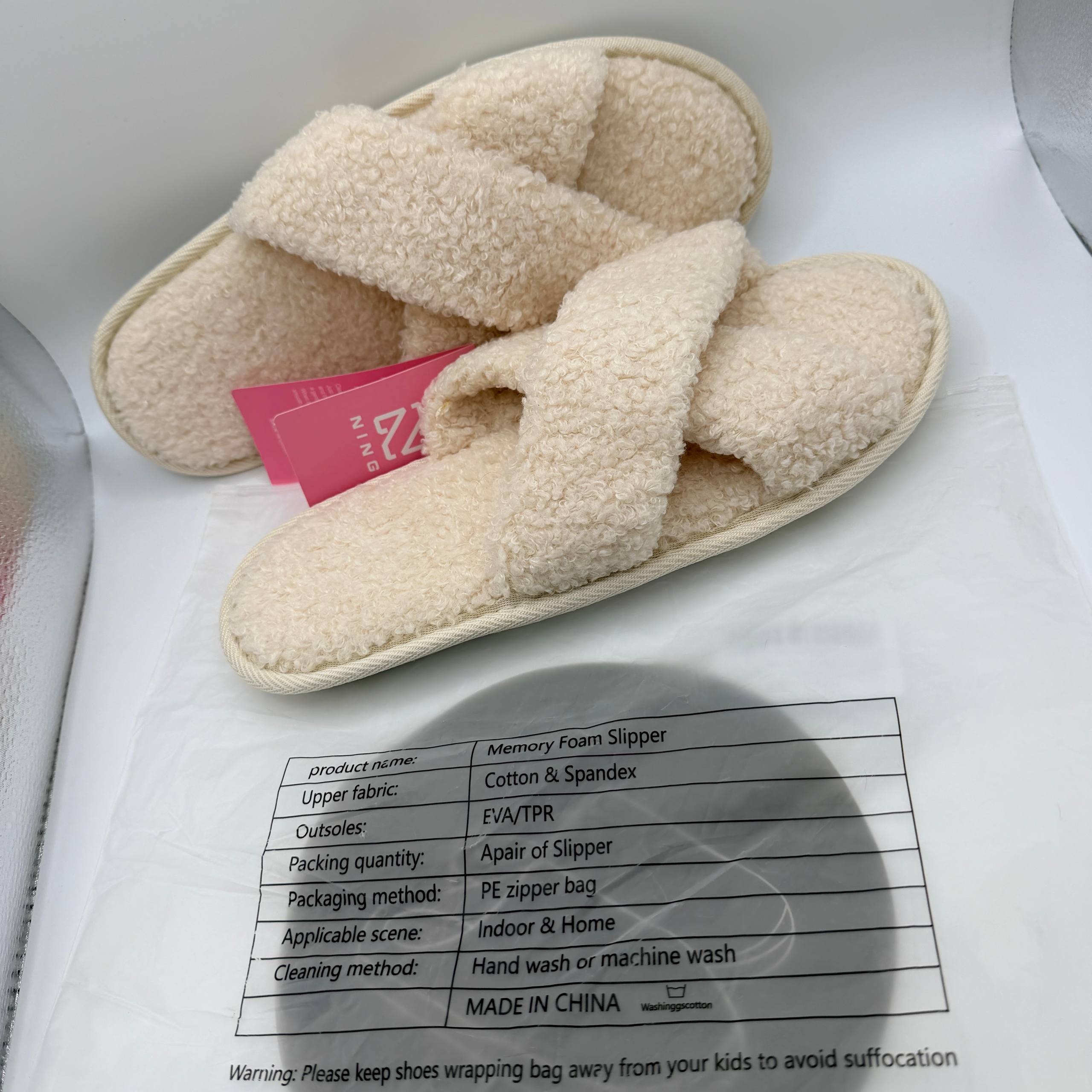 NING Ladies Faux Fur Crossover Slippers – Memory Foam House Shoes, Beige
