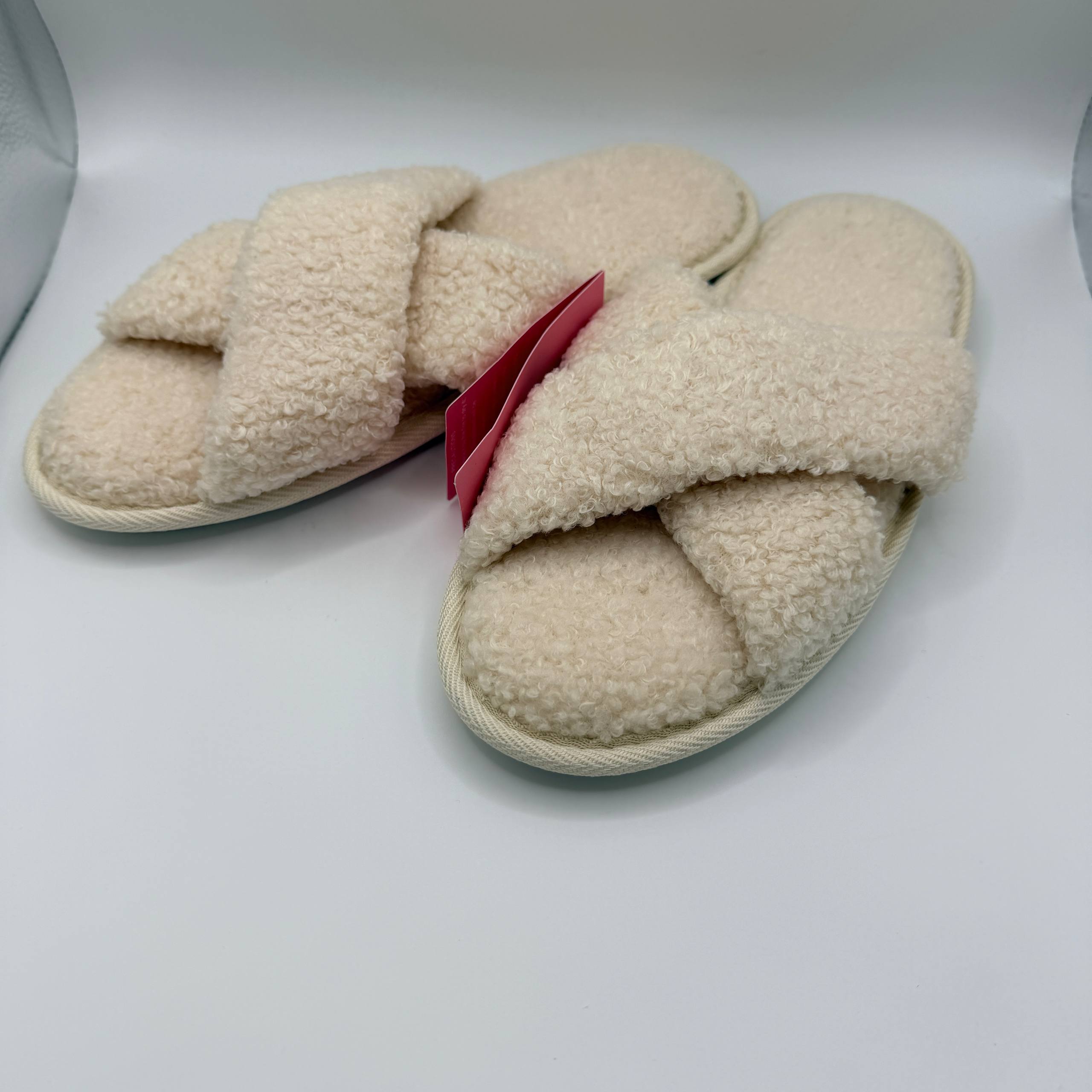 NING Ladies Faux Fur Crossover Slippers – Memory Foam House Shoes, Beige