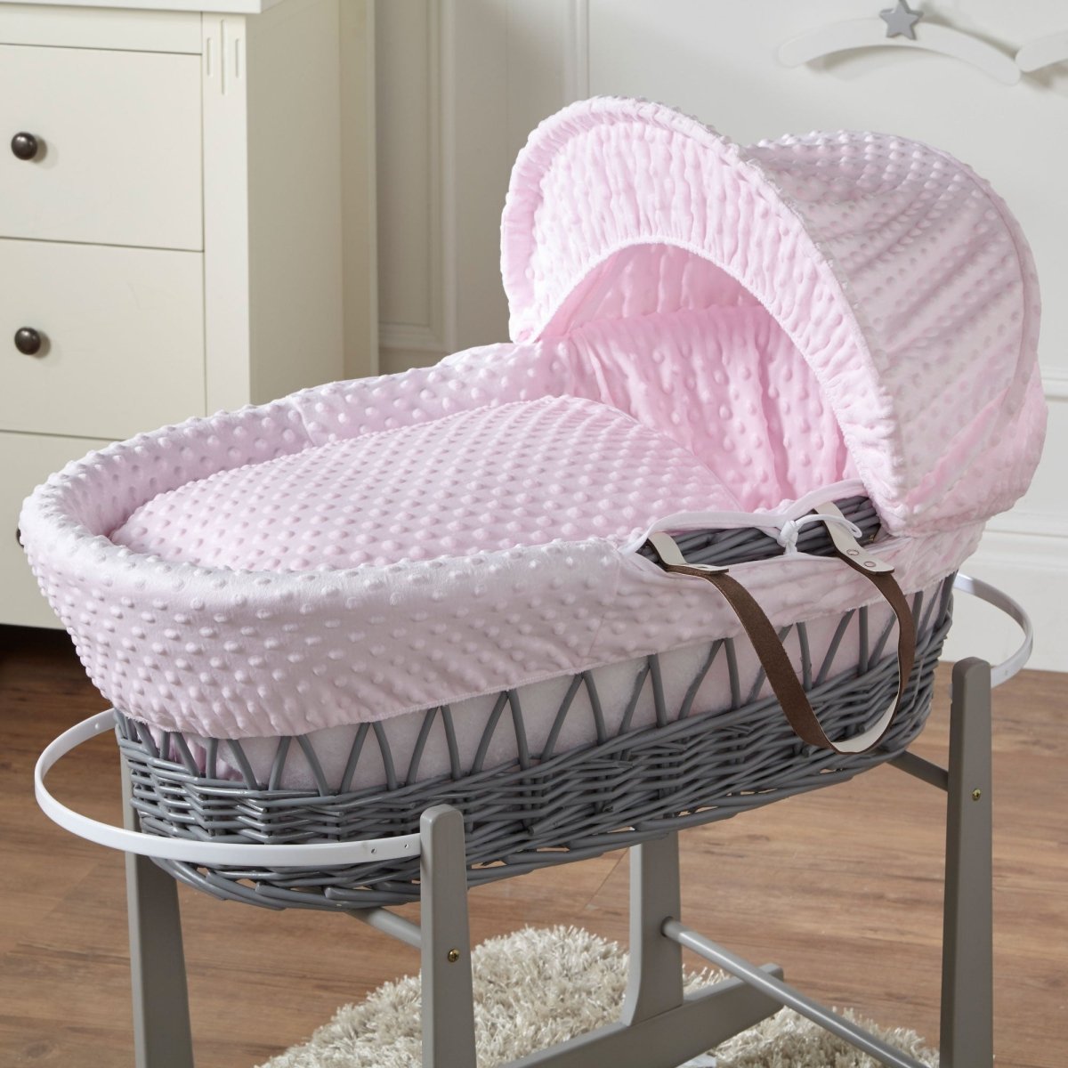 For Your Little One Grey Wicker Moses Basket & Stand - Pink Dimple