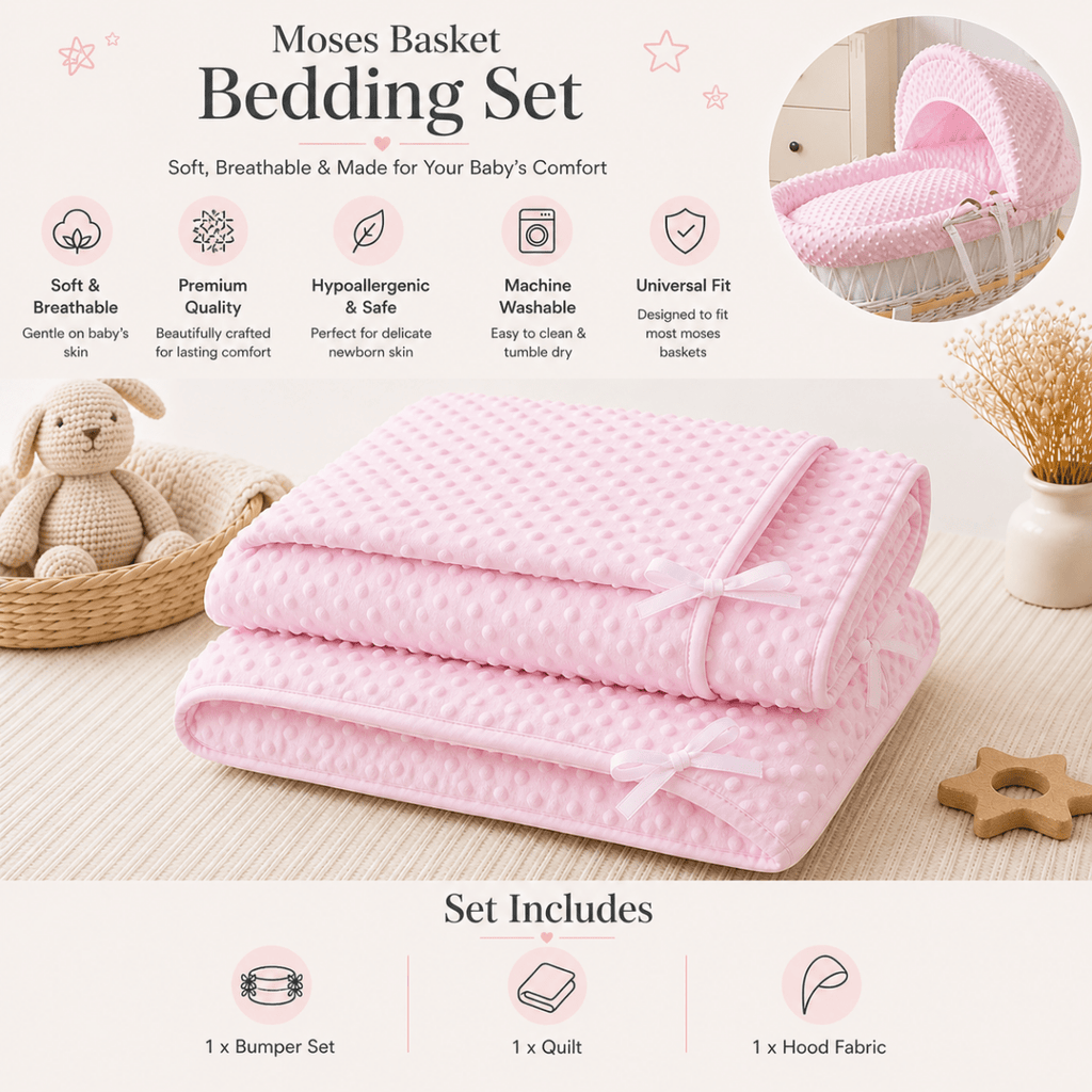 For Your Little One Pink Dimple Moses Basket Bedding Set – 3 Piece