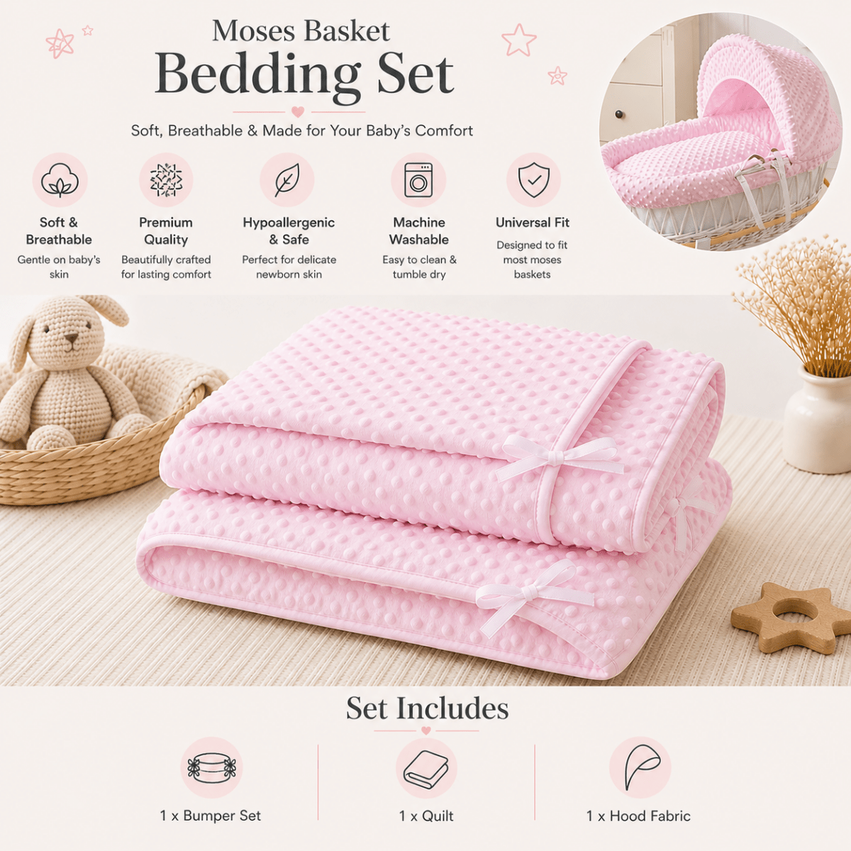 For Your Little One Pink Dimple Moses Basket Bedding Set – 3 Piece