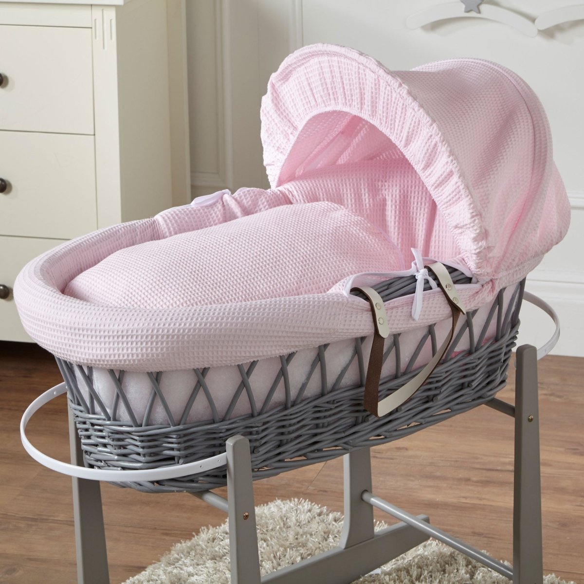 For Your Little One Baby Moses Basket - Grey Wicker & Pink Waffle Bedding