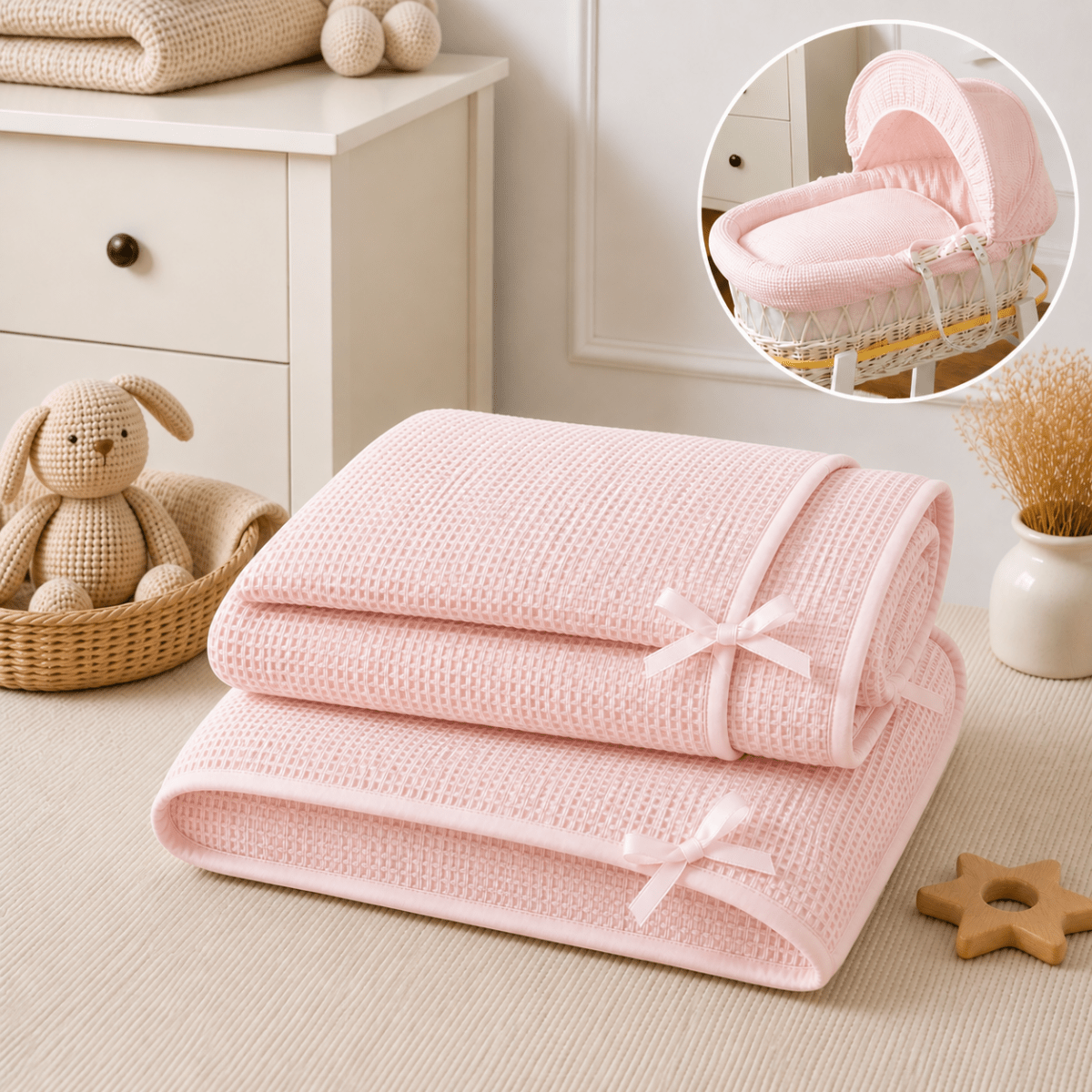 Pink Waffle Moses Basket Bedding Set | For Your Little One – 3 Piece