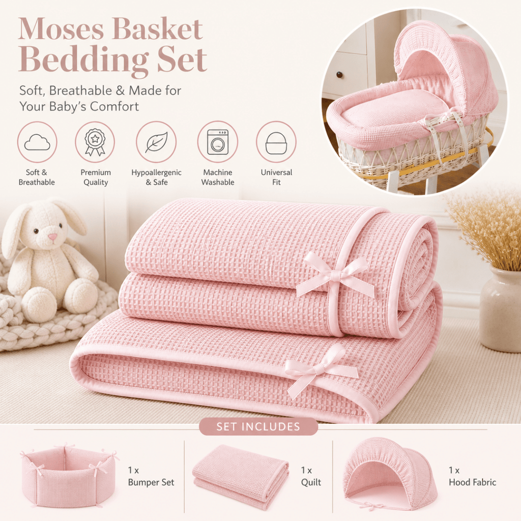 Pink Waffle Moses Basket Bedding Set | For Your Little One – 3 Piece