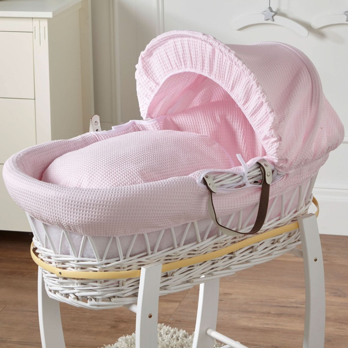 For Your Little One White Wicker Moses Basket & Stand - Pink Waffle