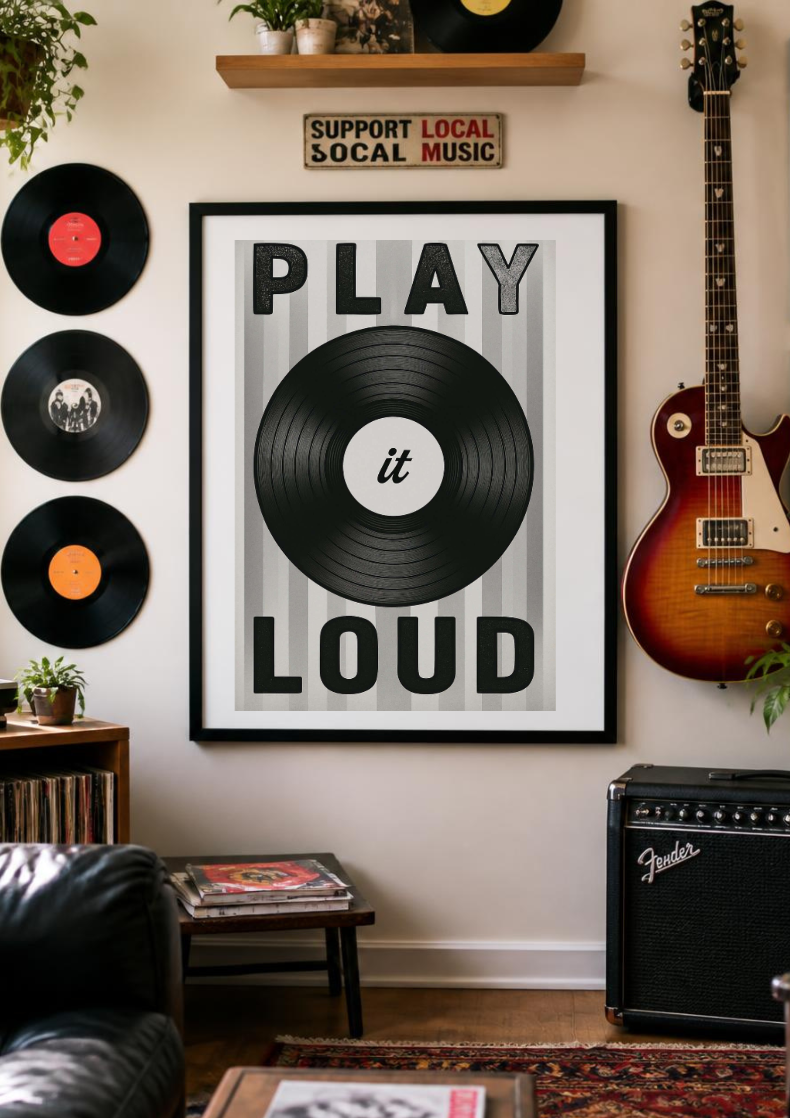 Play It Loud Vinyl Record Wall Art – Retro Music Poster for Studio & Home Decor