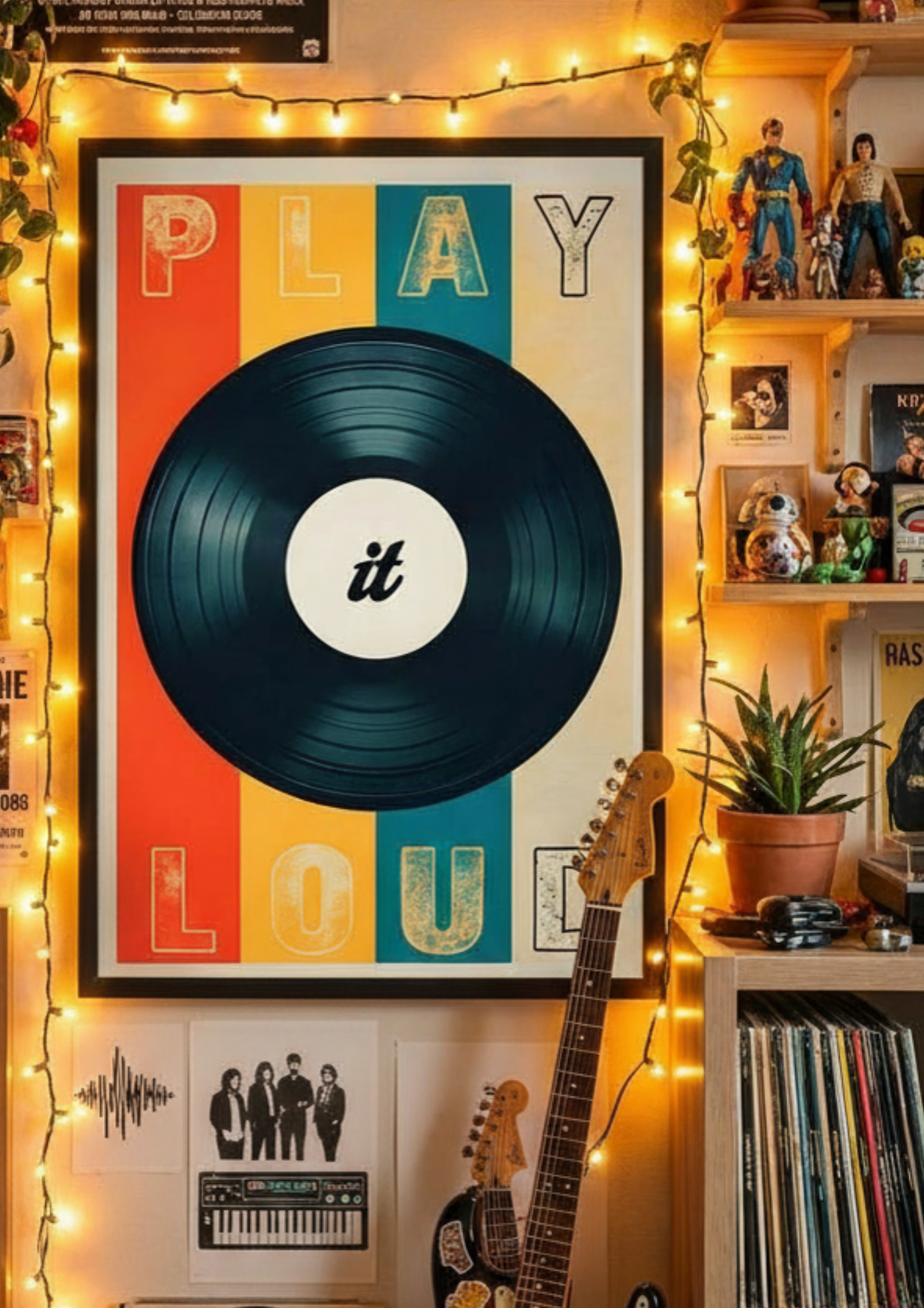 Retro Vinyl Record Wall Art Poster – ‘Play It Loud’ Music Decor
