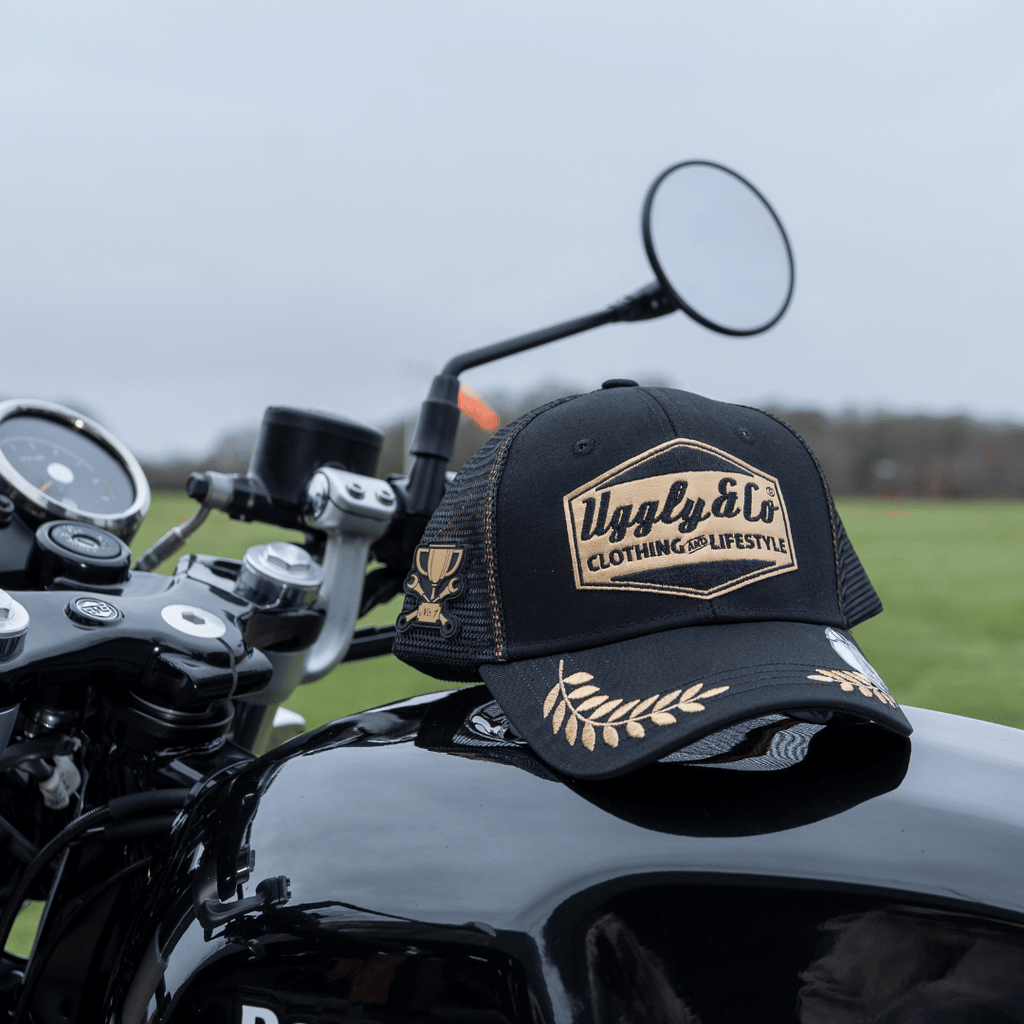 Uggly and Co Podium Trucker Hat – Black & Gold Vintage Motorsport Cap