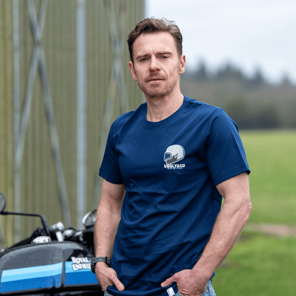 Uggly and Co Navy U&C Helmet Tee – Heavyweight Cotton Moto Graphic Shirt
