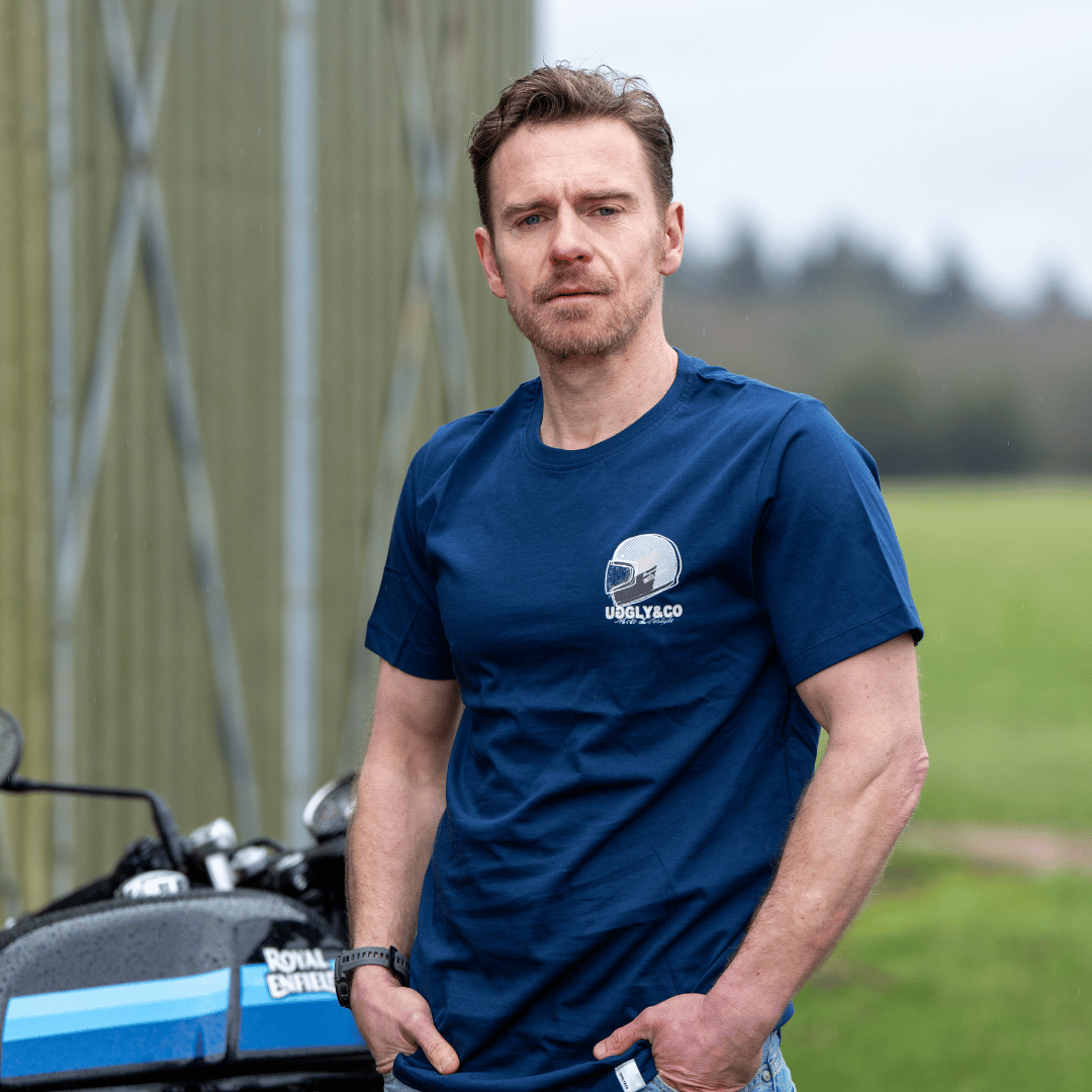 Uggly and Co Navy U&C Helmet Tee – Heavyweight Cotton Moto Graphic Shirt
