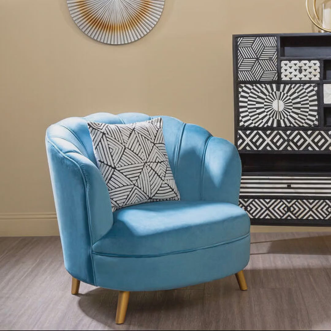 Orsina Orlina Blue Velvet Scalloped Curved Chair - Gold Wood Legs, product video