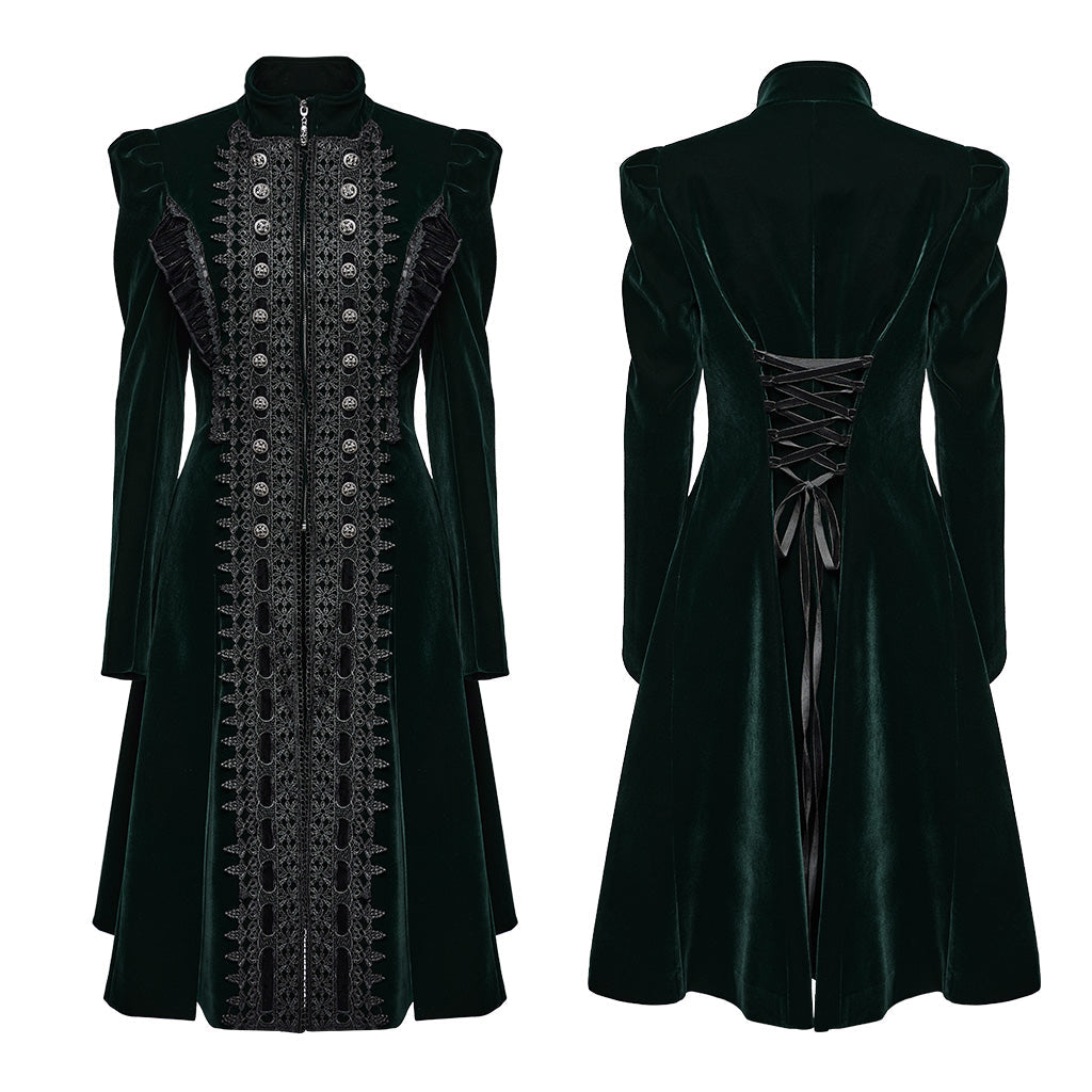 Punk Rave Aviara Dark Green Velvet Gothic Coat with Lace Detail