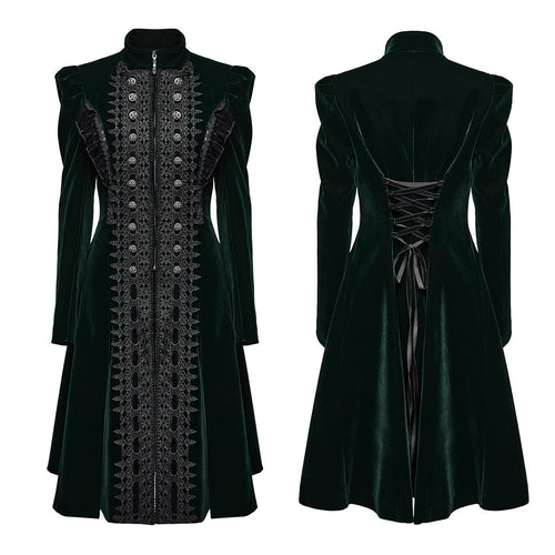 Punk Rave Aviara Dark Green Velvet Gothic Coat with Lace Detail