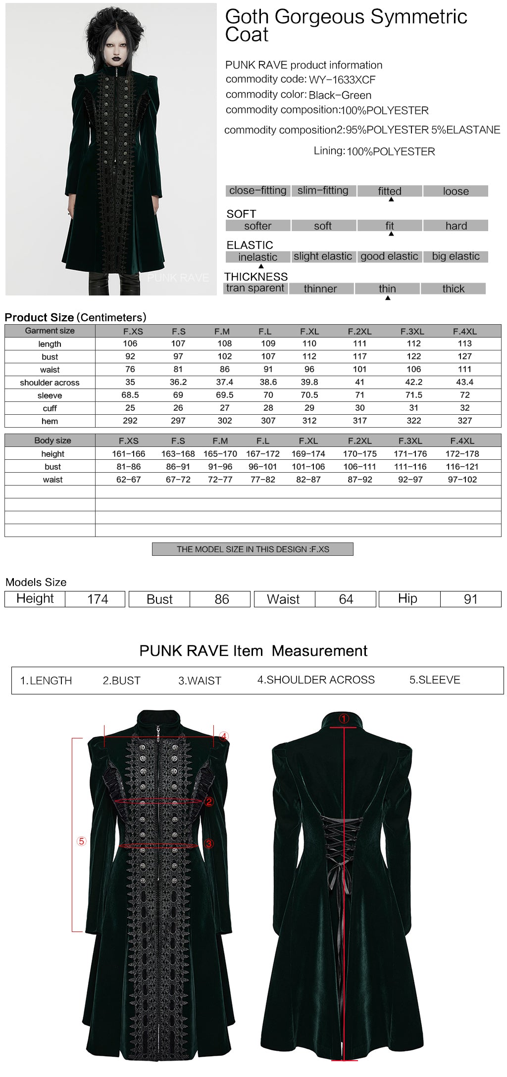 Punk Rave Aviara Dark Green Velvet Gothic Coat with Lace Detail
