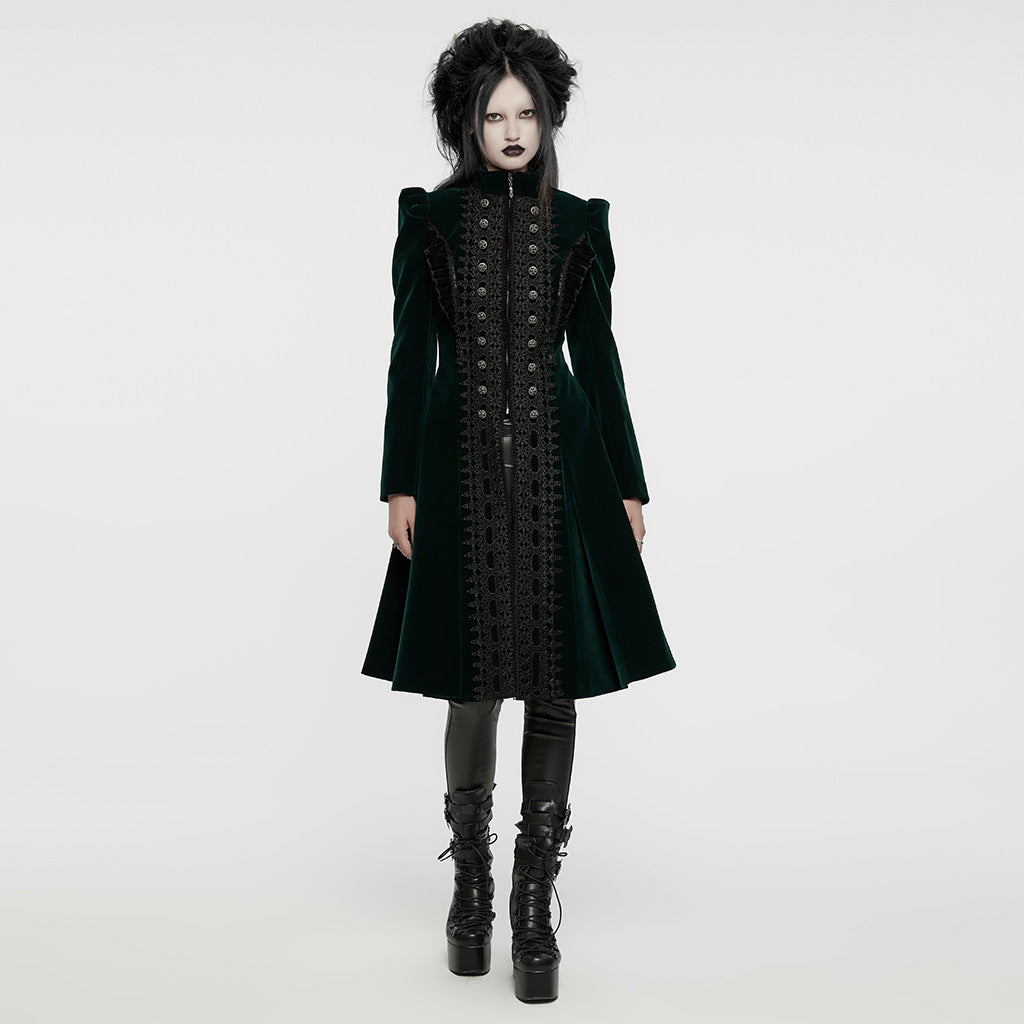 Punk Rave Aviara Dark Green Velvet Gothic Coat with Lace Detail