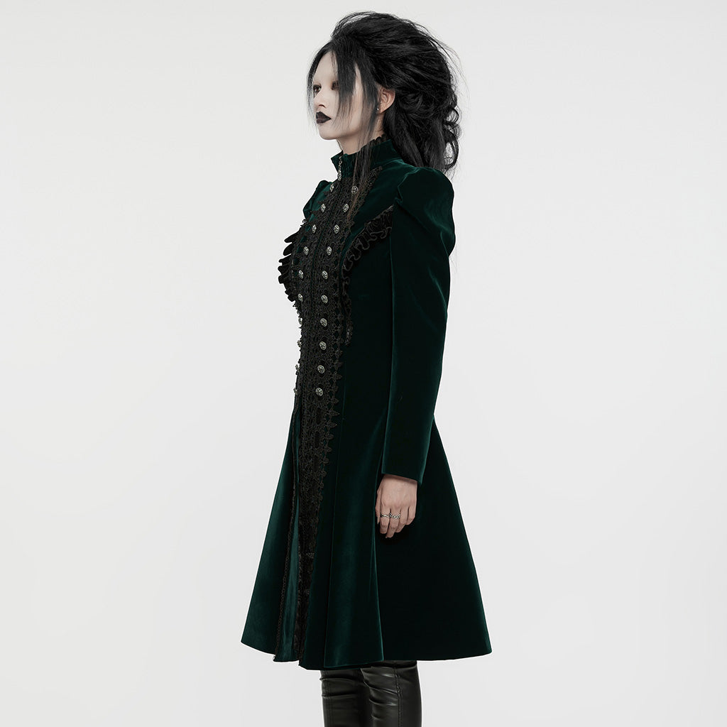 Punk Rave Aviara Dark Green Velvet Gothic Coat with Lace Detail