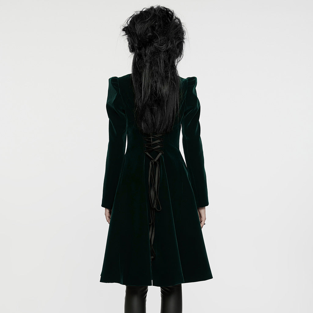 Punk Rave Aviara Dark Green Velvet Gothic Coat with Lace Detail