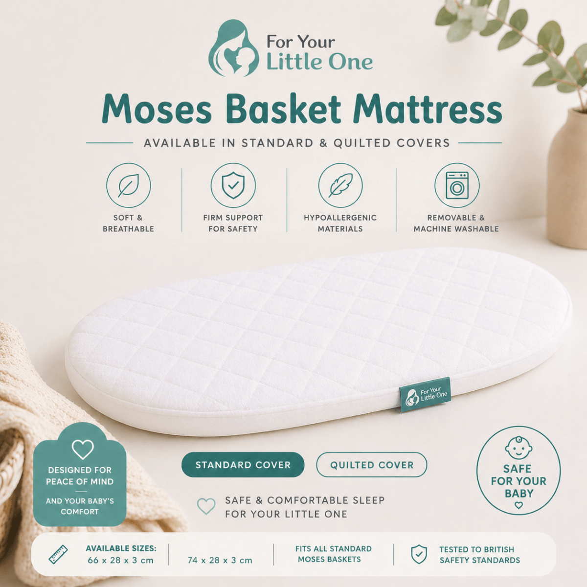 For Your Little One Quilted Moses Basket Mattress | 66 x 28 x 3 cm