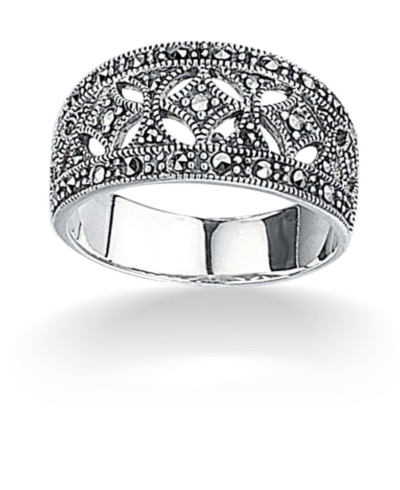 Gecko Jewellery Marcasite Wide Ring – Oxidised 925 Sterling Silver