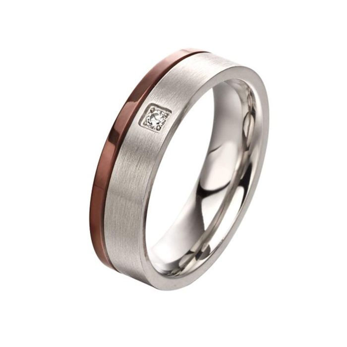 Gecko Jewellery Brushed Stainless Steel Ring with Brown IP and CZ