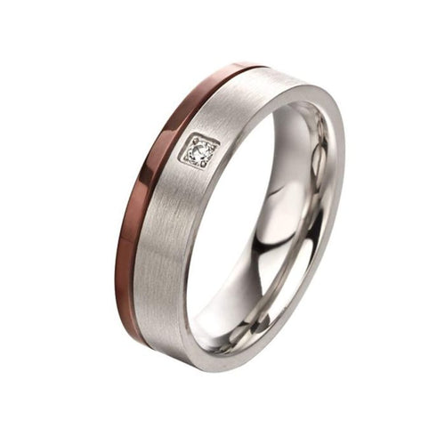 Gecko Jewellery Brushed Stainless Steel Ring with Brown IP and CZ