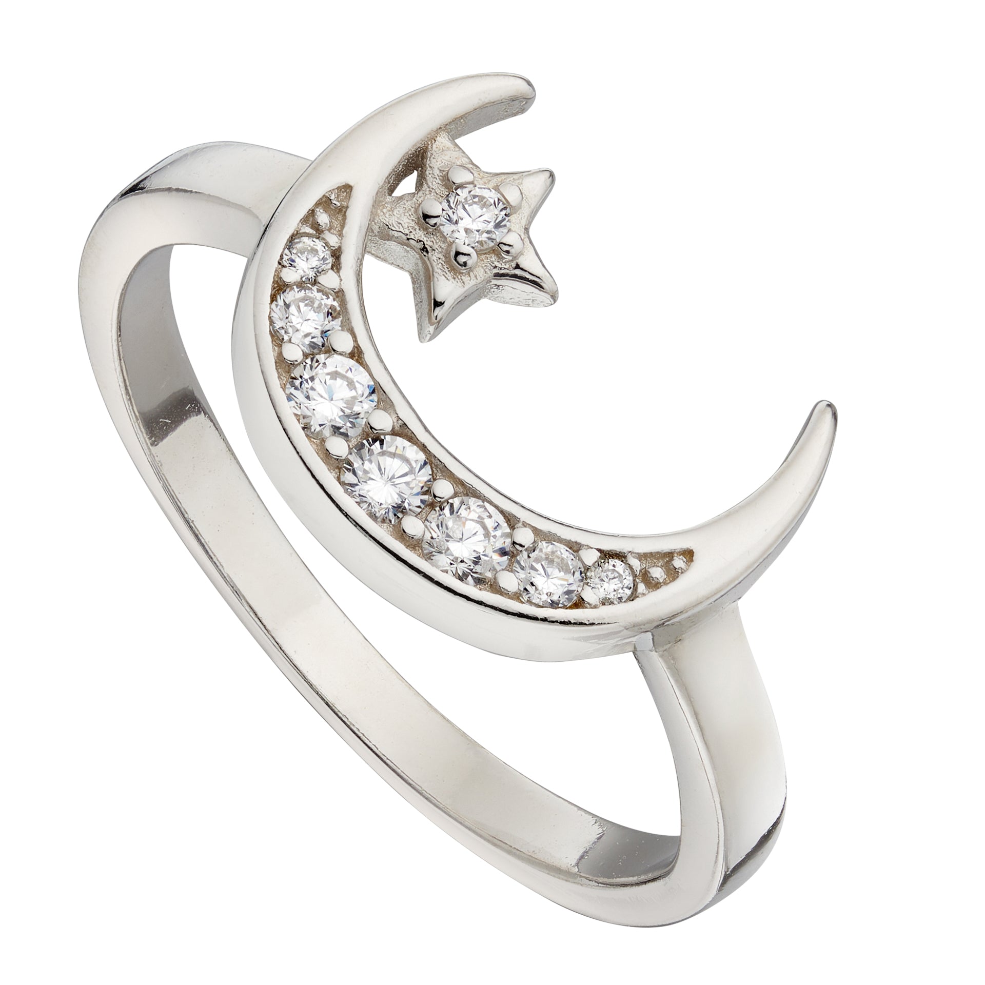Gecko Jewellery Sterling Silver Crescent Moon and Star Ring with CZ