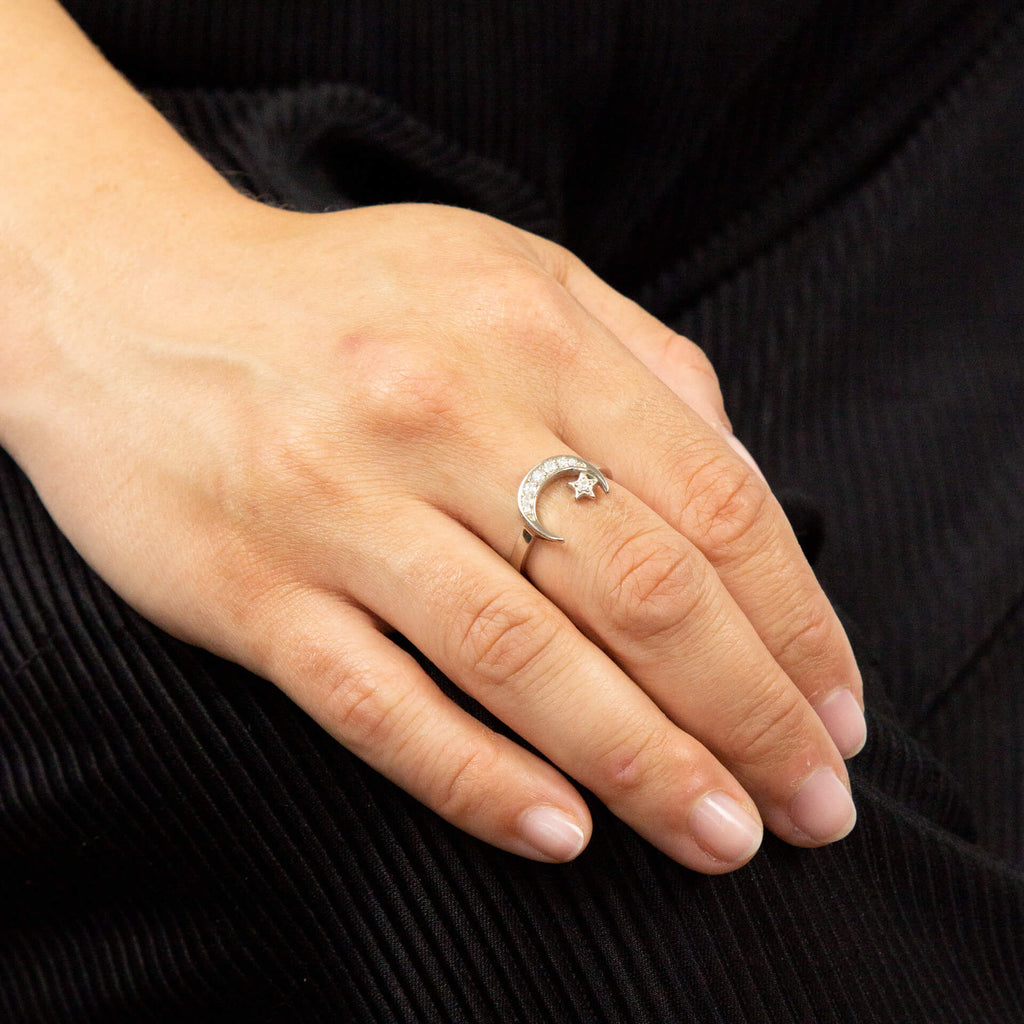 Gecko Jewellery Sterling Silver Crescent Moon and Star Ring with CZ