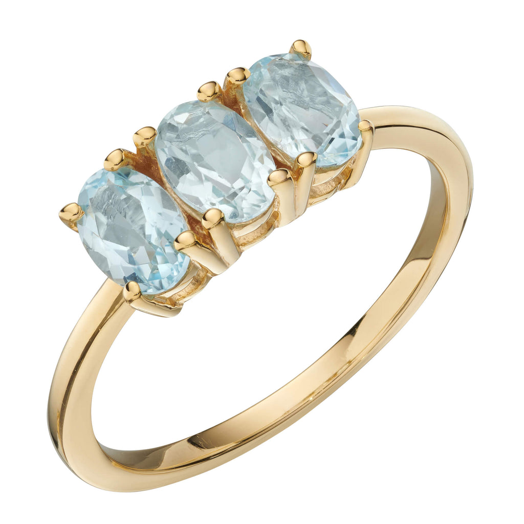 Gecko Jewellery Sky Blue Topaz Trilogy Ring in Yellow Gold Plated Silver