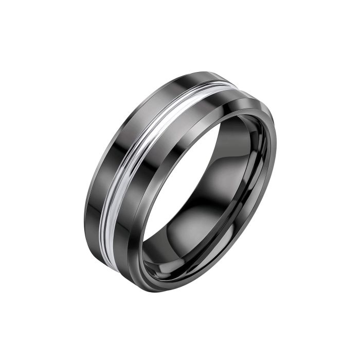 Gecko Jewellery Black Tungsten Ring – Polished Band with Central Groove