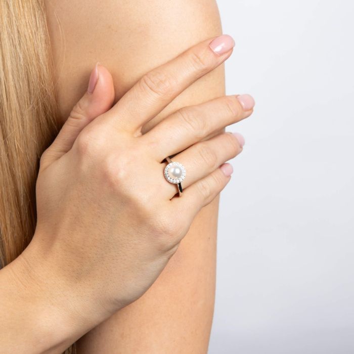 Diamonfire Shell Pearl and Zirconia Halo Ring in Sterling Silver