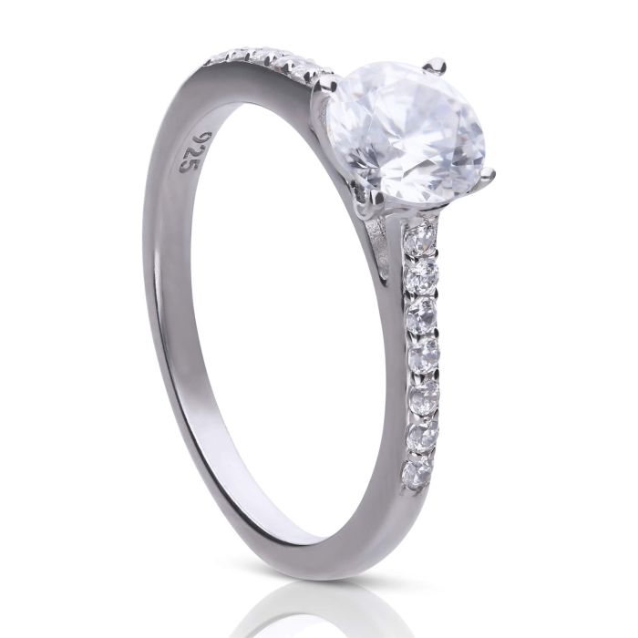 Diamonfire Oval Cut Solitaire Ring with Pave Shoulders in Sterling Silver