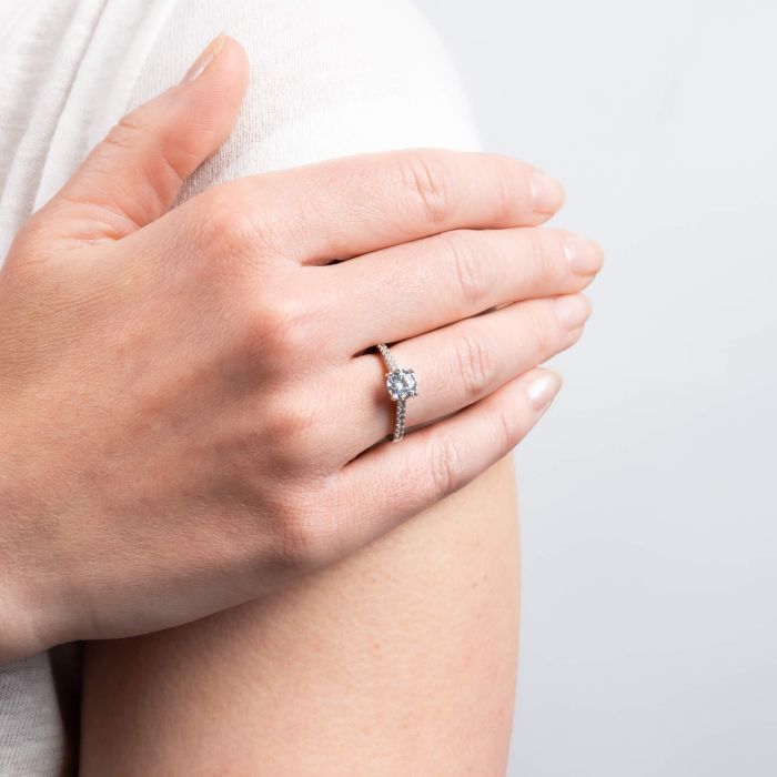 Diamonfire Oval Cut Solitaire Ring with Pave Shoulders in Sterling Silver