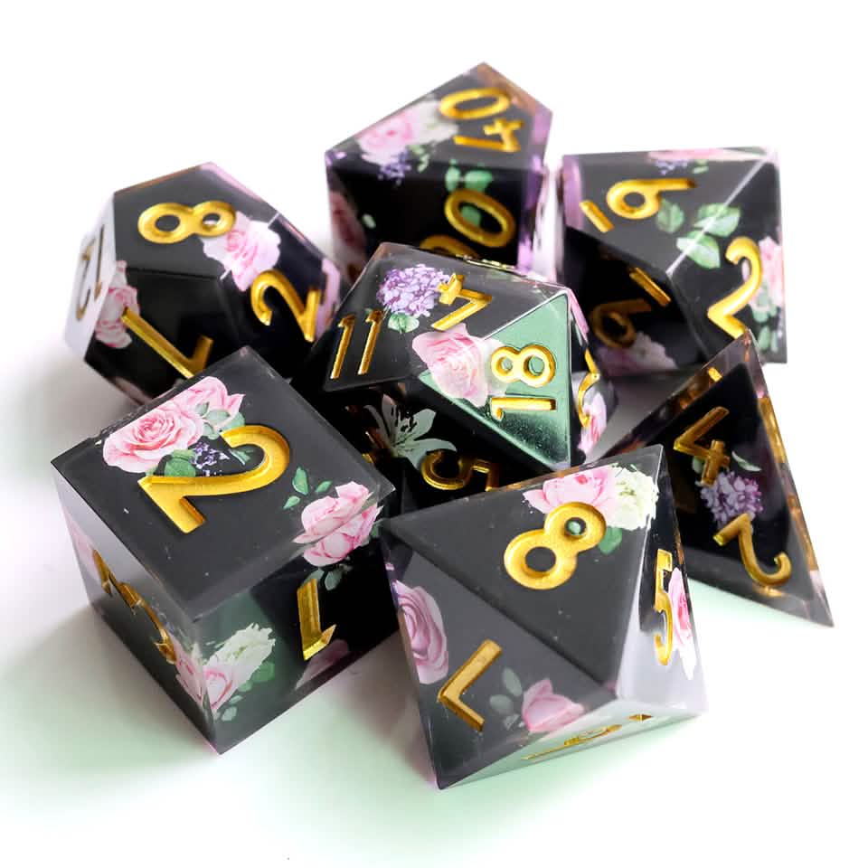 Floral Tsundere | Sharp Edge Dice | Resin | 7 Piece Set