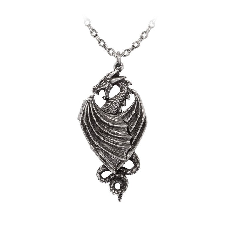 Alchemy Gothic Dragon Necklace – Winged Locket Pendant in English Pewter