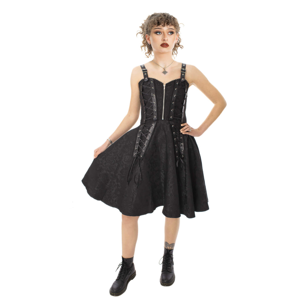 Poizen Industries Ravens Rose Gothic Corset Midi Dress – Black Lace-Up