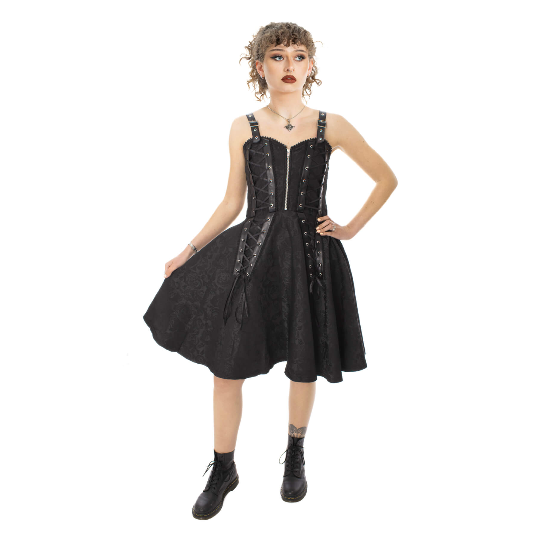 Poizen Industries Ravens Rose Gothic Corset Midi Dress – Black Lace-Up