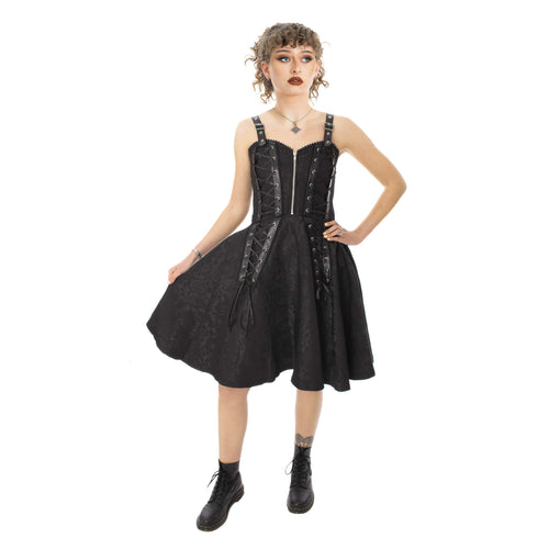 Poizen Industries Ravens Rose Gothic Corset Midi Dress – Black Lace-Up