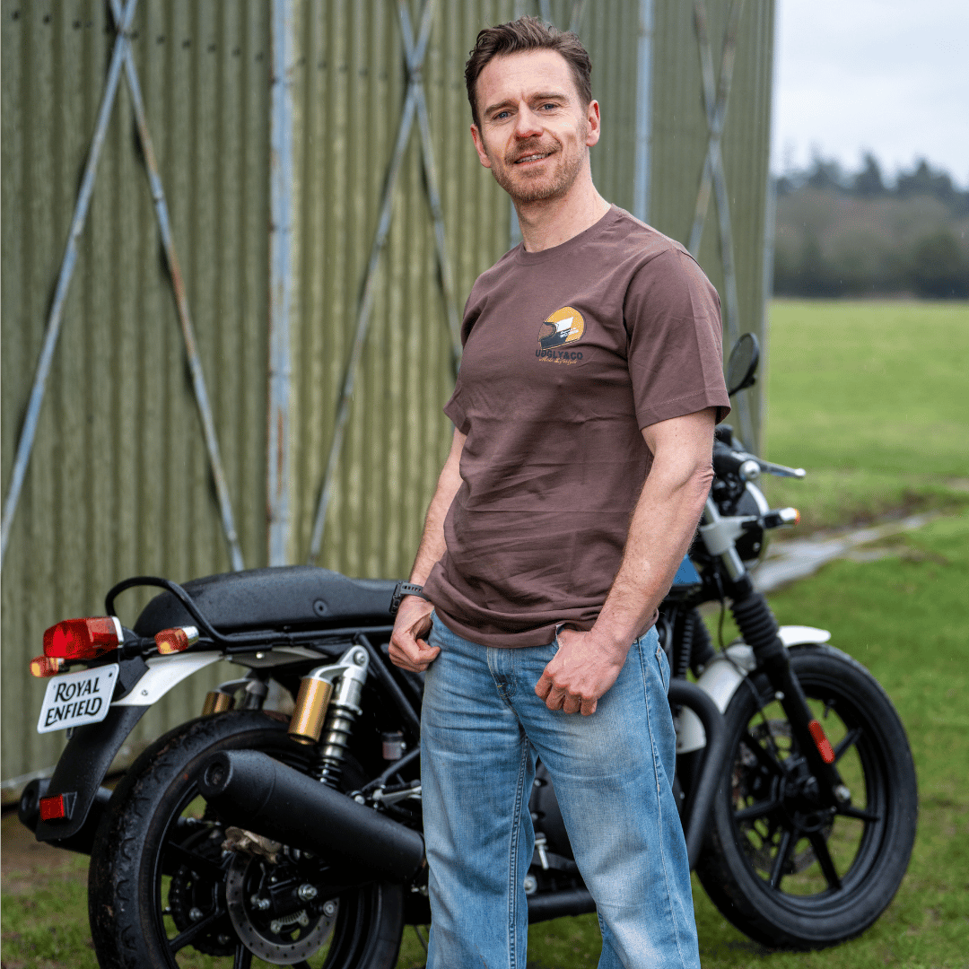 Uggly and Co Brown Helmet Graphic Tee – Heavyweight Cotton Moto Shirt