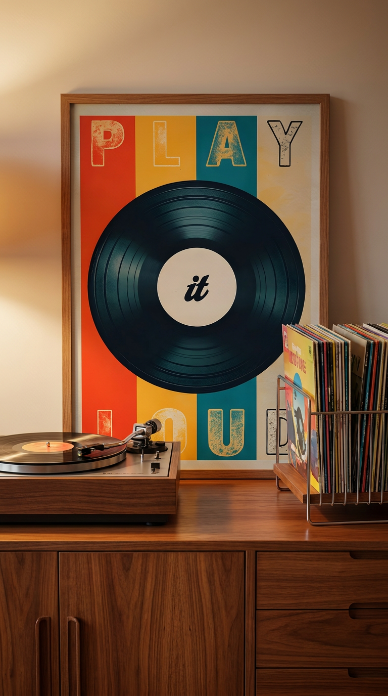 Retro Vinyl Record Wall Art Poster – ‘Play It Loud’ Music Decor